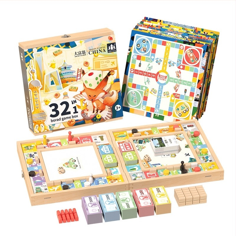 Fából készült többjátékos társasjáték-készlet: Flying Chess, Gomoku és Monopoly – oktató jellegű családi játék
