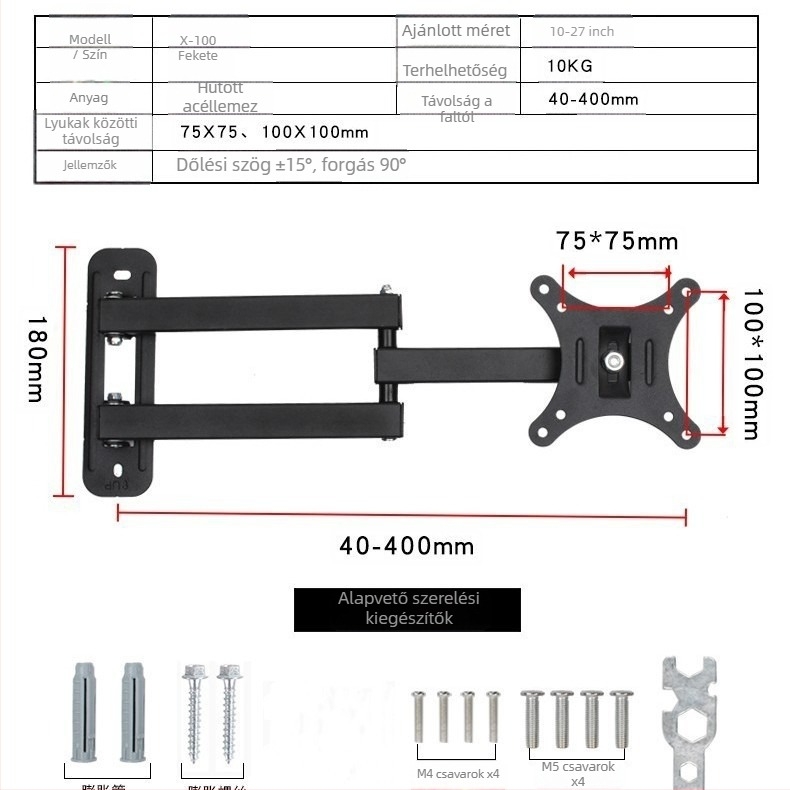 X100 falra szerelhető TV/monitor tartó – mechanikus állítás, max 5 kg teherbírás, falra szerelhető