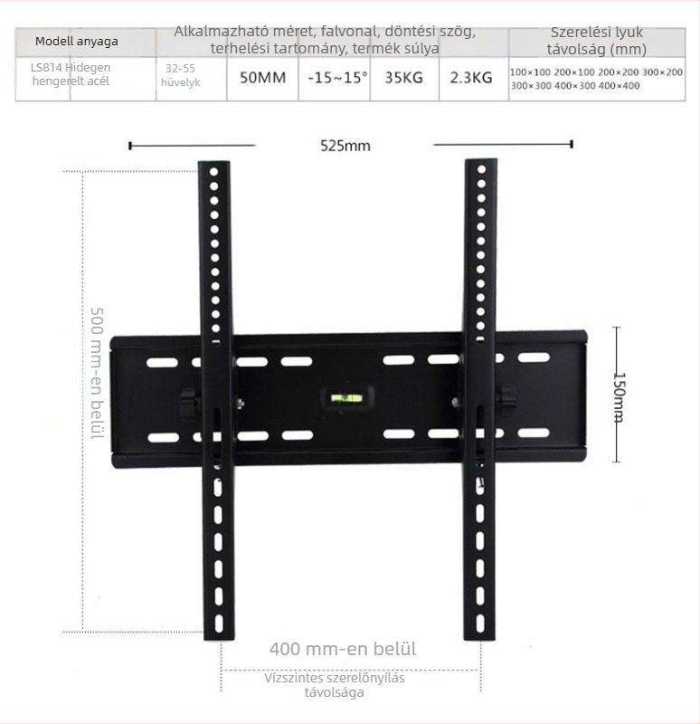 LCD TV falra szerelhető tartó – állítható dőlés, vas tartó, falra szerelhető, teherbírás 15 kg felett