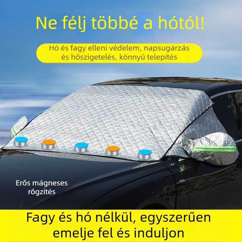 Autó motorháztető téli hóvédő takaró mágneses rögzítéssel, hosszított kivitel, alumínium fólia, univerzális illesztés, teleszkópos szerelés