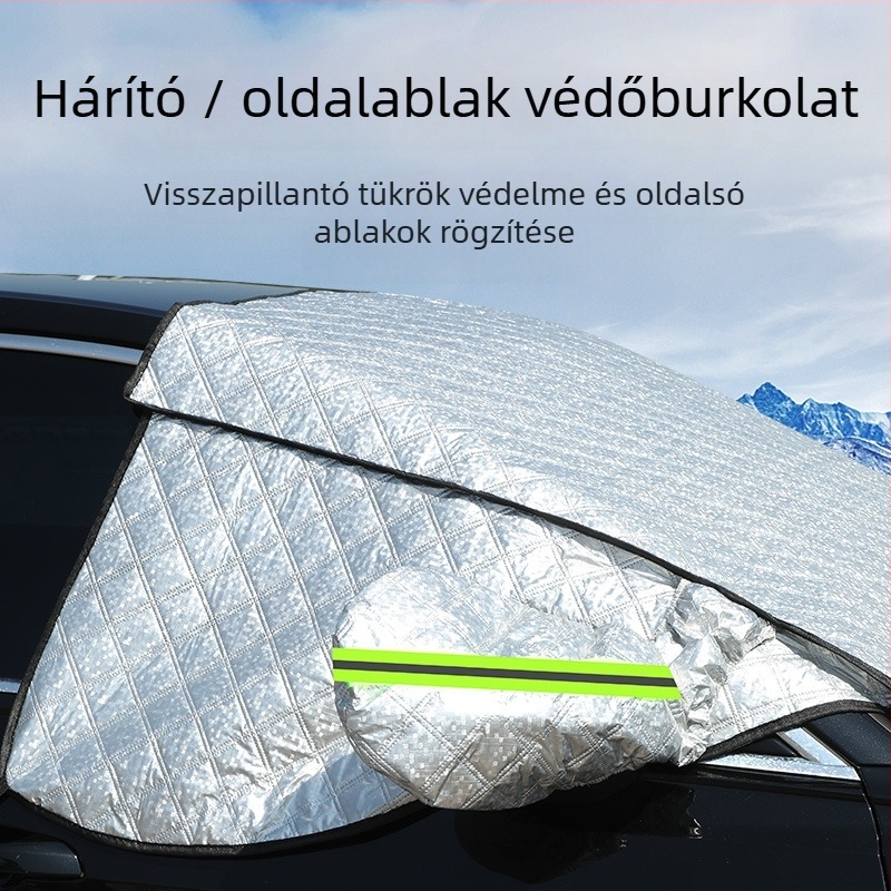 Autó motorháztető téli hóvédő takaró mágneses rögzítéssel, hosszított kivitel, alumínium fólia, univerzális illesztés, teleszkópos szerelés