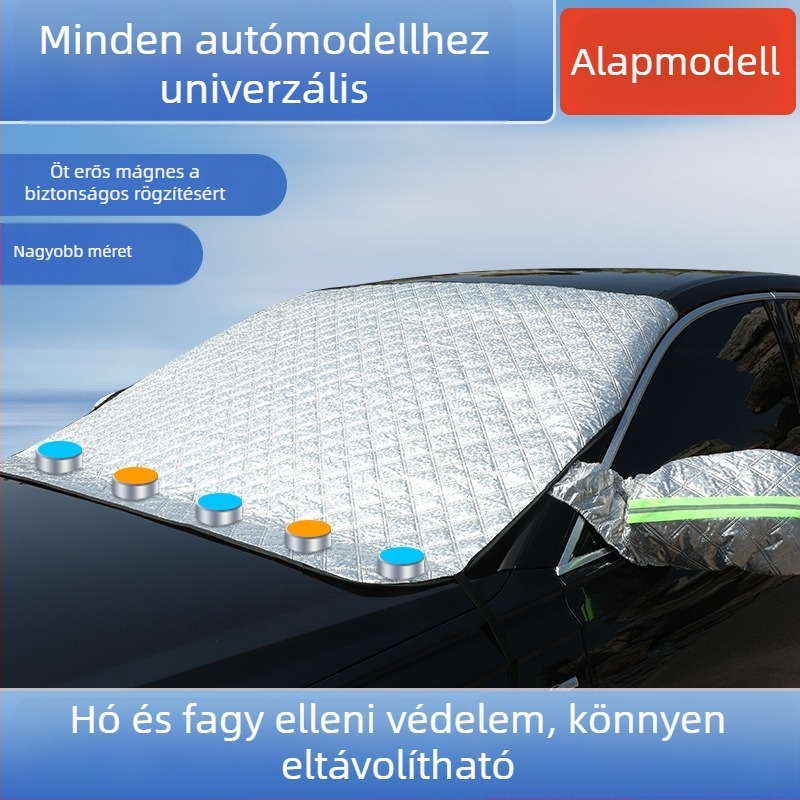 Autó motorháztető téli hóvédő takaró mágneses rögzítéssel, hosszított kivitel, alumínium fólia, univerzális illesztés, teleszkópos szerelés