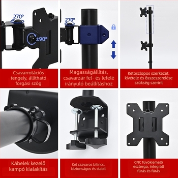 ZX-MT028 Kétmonitoros asztali állvány csíptetős rögzítéssel, forgó, vasból, 4 kg