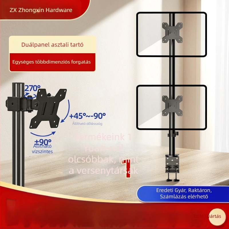 ZX-MT028 Kétmonitoros asztali állvány csíptetős rögzítéssel, forgó, vasból, 4 kg