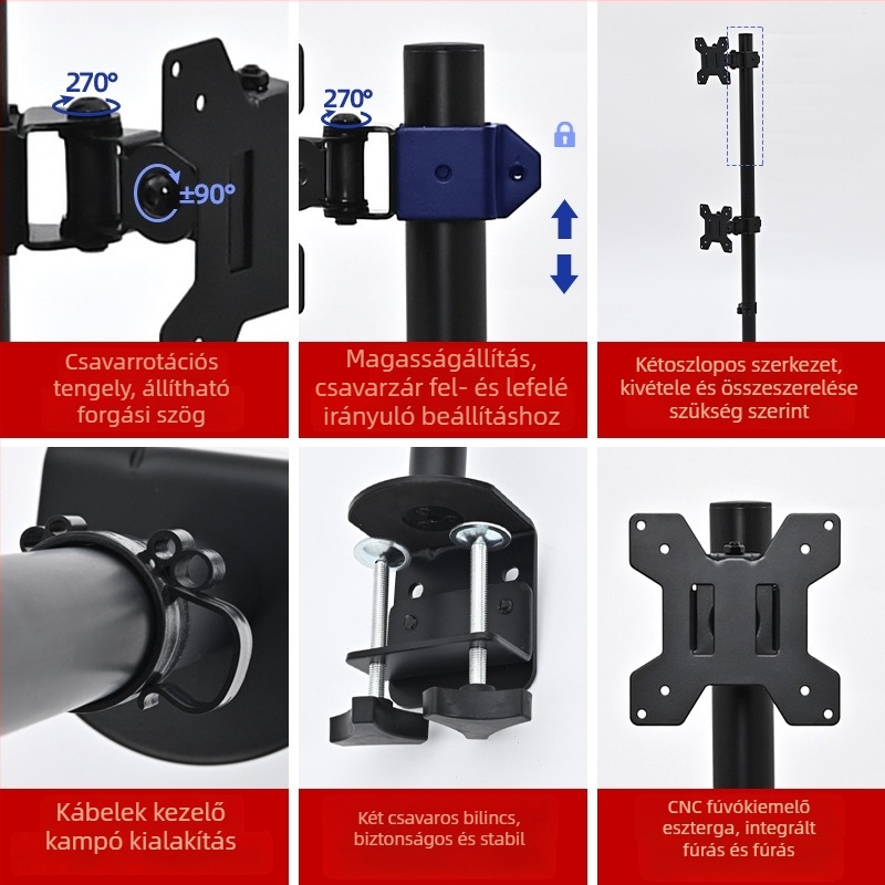 ZX-MT028 Kétmonitoros asztali állvány csíptetős rögzítéssel, forgó, vasból, 4 kg