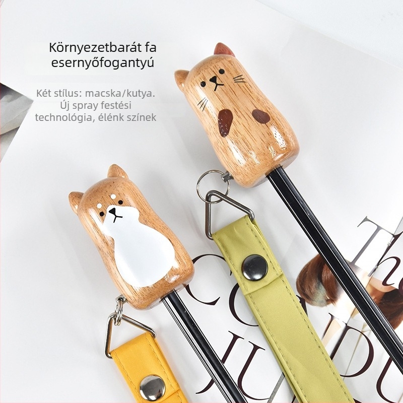 Macska és Shiba Inu páros esernyő, fa nyél, összecsukható, egyszínű, UV védelem, logó testreszabás, ajándék esernyő