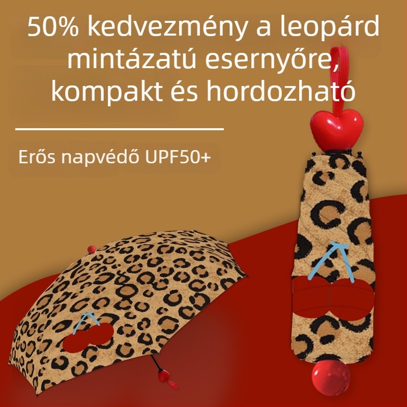 Gyerekeknek szóló esernyő Cherry Leopard mintával, 8 bordás napernyő, kézi nyitás-zárás, UPF 50+, 190T poliészter