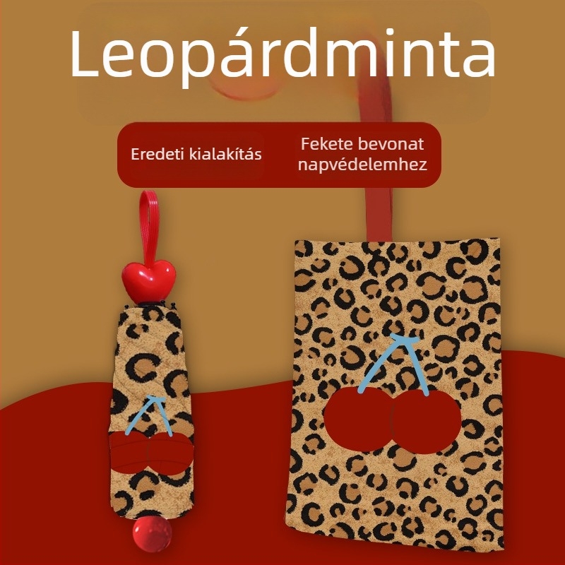 Gyerekeknek szóló esernyő Cherry Leopard mintával, 8 bordás napernyő, kézi nyitás-zárás, UPF 50+, 190T poliészter