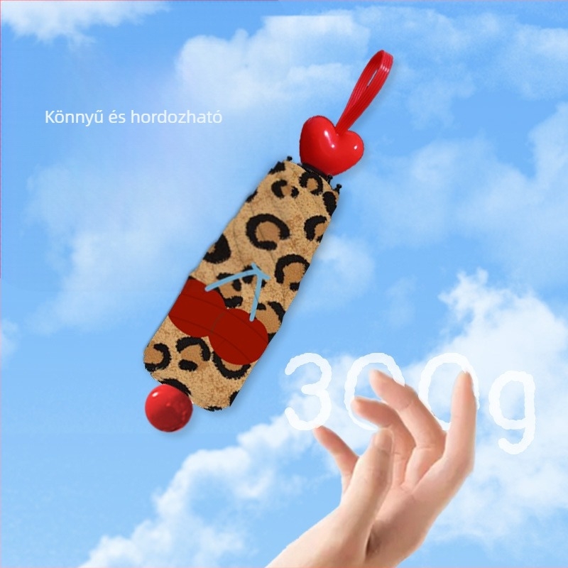 Gyerekeknek szóló esernyő Cherry Leopard mintával, 8 bordás napernyő, kézi nyitás-zárás, UPF 50+, 190T poliészter