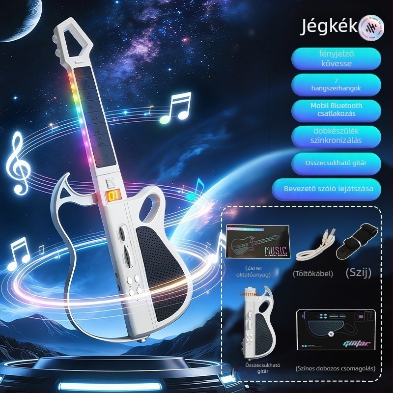 Elektronikus gitár intelligens kísérettel és automatikus akkordozással gyermekeknek, ABS anyag, ES200-1 modell, színes dobozos csomagolás, 7–14 éveseknek