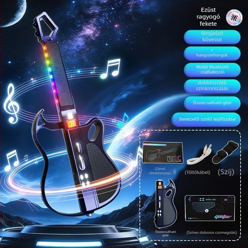 Elektronikus gitár intelligens kísérettel és automatikus akkordozással gyermekeknek, ABS anyag, ES200-1 modell, színes dobozos csomagolás, 7–14 éveseknek