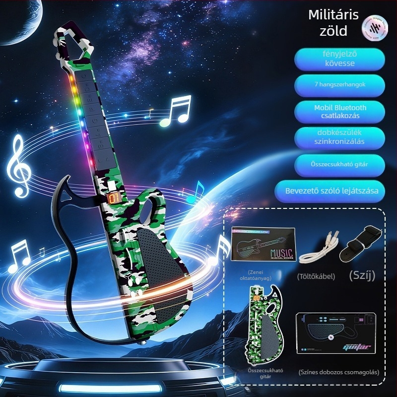 Elektronikus gitár intelligens kísérettel és automatikus akkordozással gyermekeknek, ABS anyag, ES200-1 modell, színes dobozos csomagolás, 7–14 éveseknek