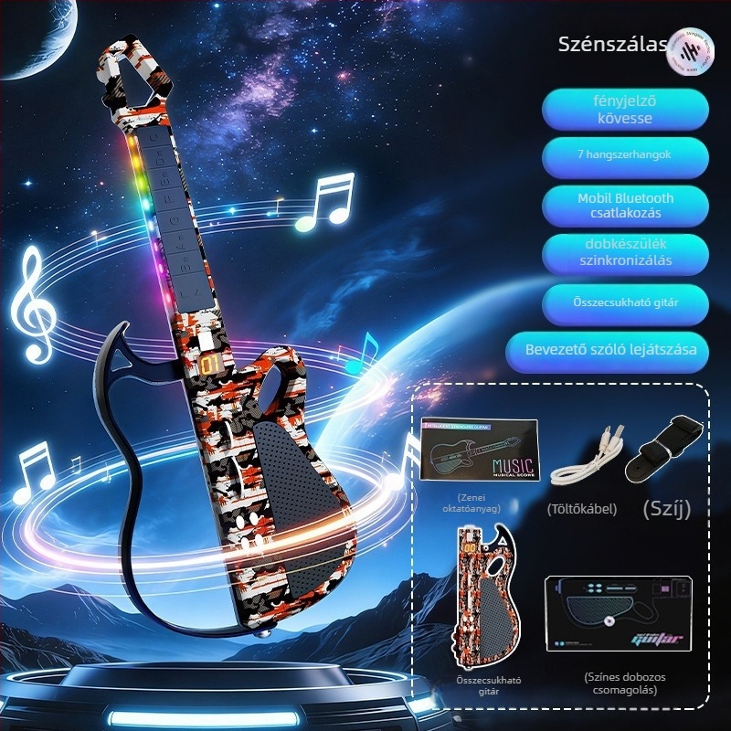 Elektronikus gitár intelligens kísérettel és automatikus akkordozással gyermekeknek, ABS anyag, ES200-1 modell, színes dobozos csomagolás, 7–14 éveseknek