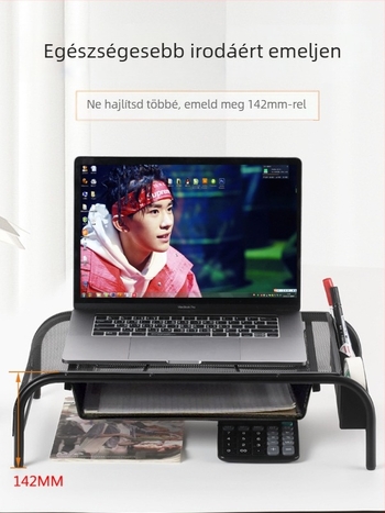 Monitor és notebook asztali állvány tárolóval, mechanikus magasságállító alap MST005