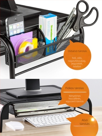 Monitor és notebook asztali állvány tárolóval, mechanikus magasságállító alap MST005