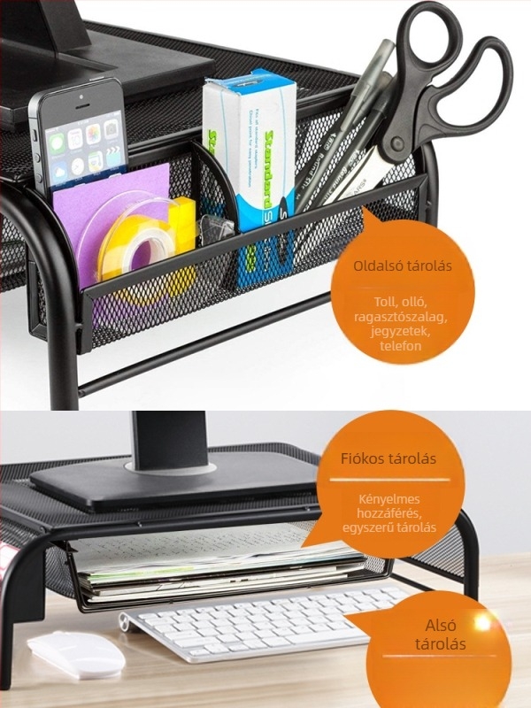 Monitor és notebook asztali állvány tárolóval, mechanikus magasságállító alap MST005