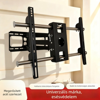 Univerzális televíziós falra szerelhető tartó teleszkópos karokkal, forgó mechanizmussal és állítható dőlésszöggel, acél szerkezet, kompatibil intelligens TV-kkel.