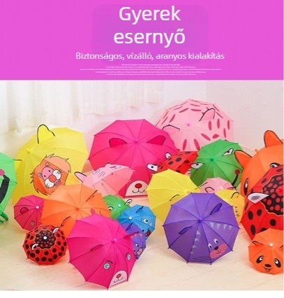 Gyerekeknek szánt állatfülös esernyő, acél ívek, műanyag fogantyú, kézi nyitás, 10 ív, testreszabható