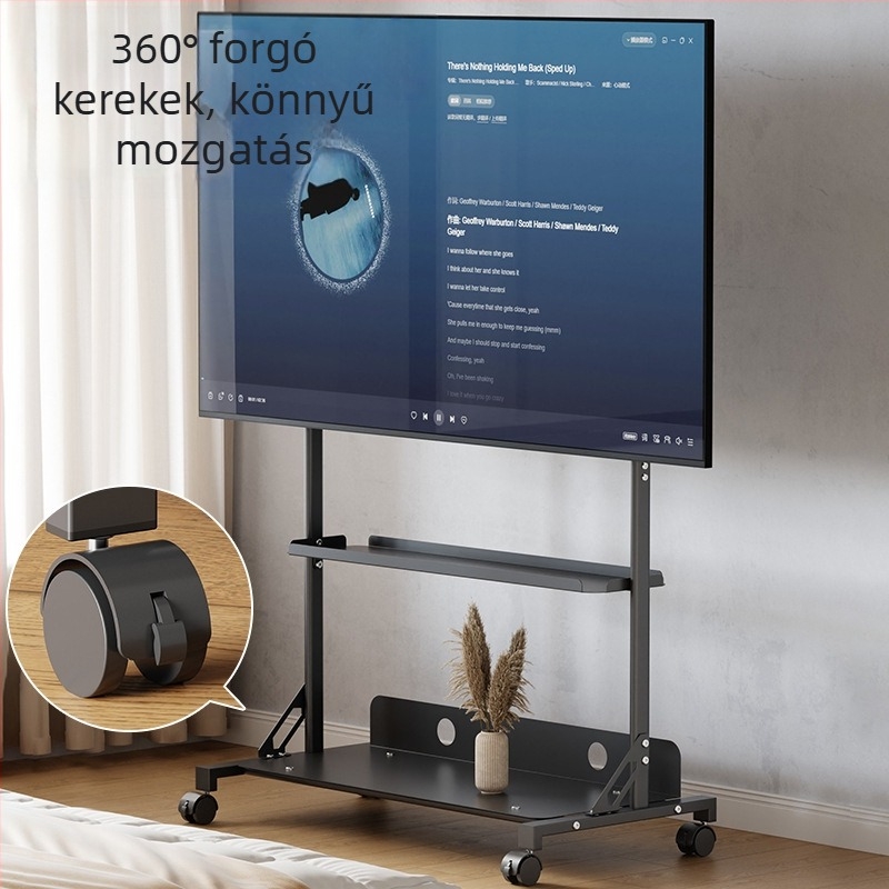 Padlón álló mozgatható TV állvány teleszkópos állítható monitor tartóval – hidegen hengerelt acélból, teherbírás >15 kg, mechanikus vezérlés