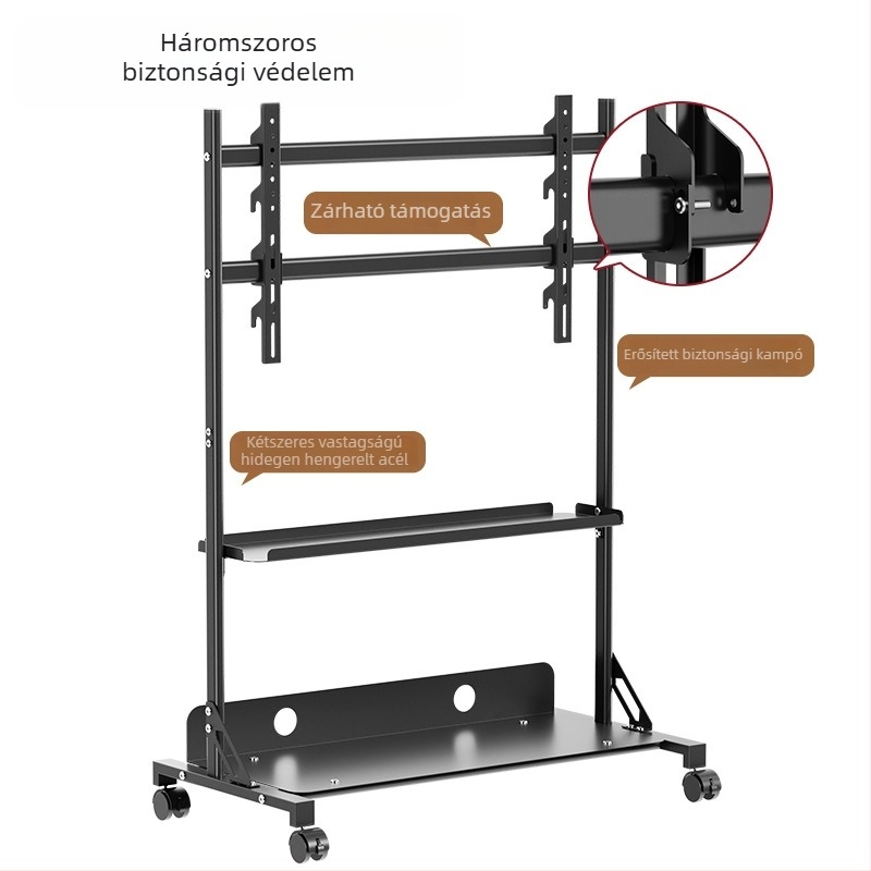 Padlón álló mozgatható TV állvány teleszkópos állítható monitor tartóval – hidegen hengerelt acélból, teherbírás >15 kg, mechanikus vezérlés