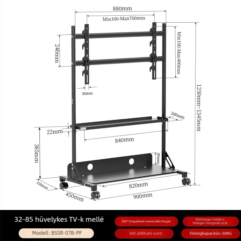 Padlón álló mozgatható TV állvány teleszkópos állítható monitor tartóval – hidegen hengerelt acélból, teherbírás >15 kg, mechanikus vezérlés