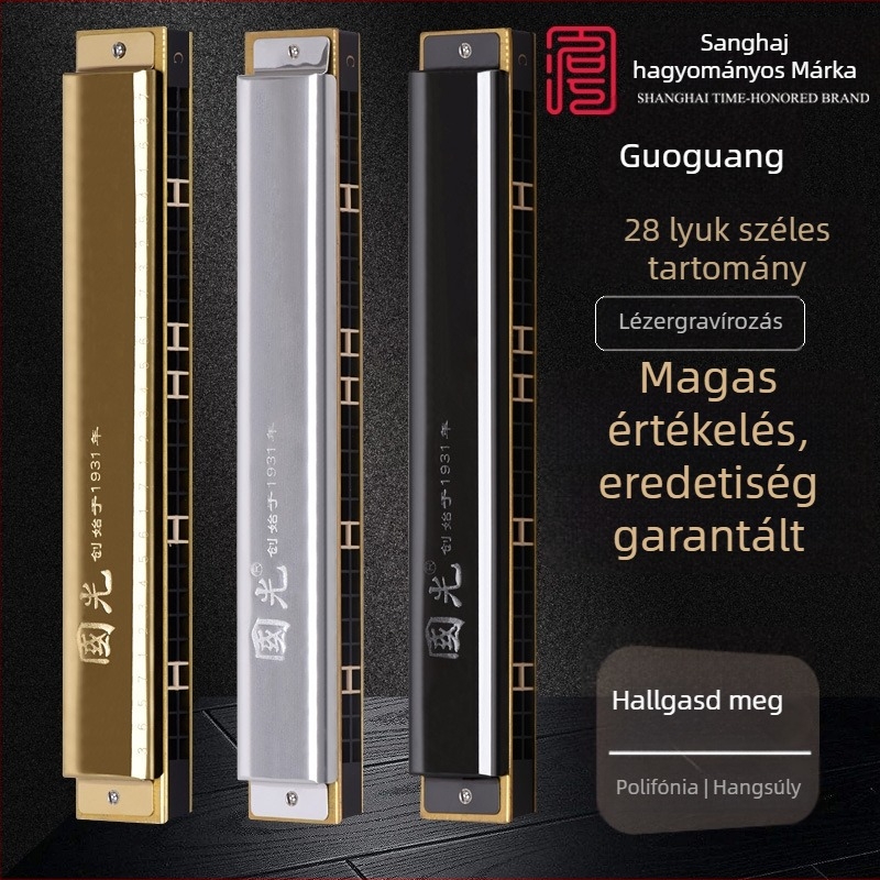 Guoguang harmonika, 28-lyukú, széles tartományú polifonikus, C hangnem, modell GG28A-1/2/3