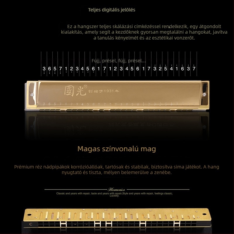 Guoguang harmonika, 28-lyukú, széles tartományú polifonikus, C hangnem, modell GG28A-1/2/3