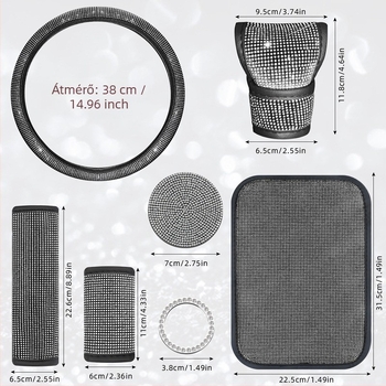 Kristályos autó belső garnitúra: váltókarvédő kristályokkal; kormányvédő kristályokkal; pohártartó kristályokkal; vállpárnák biztonsági övnek (Márka: Further 2; Modell: B000512; Anyag: PU)