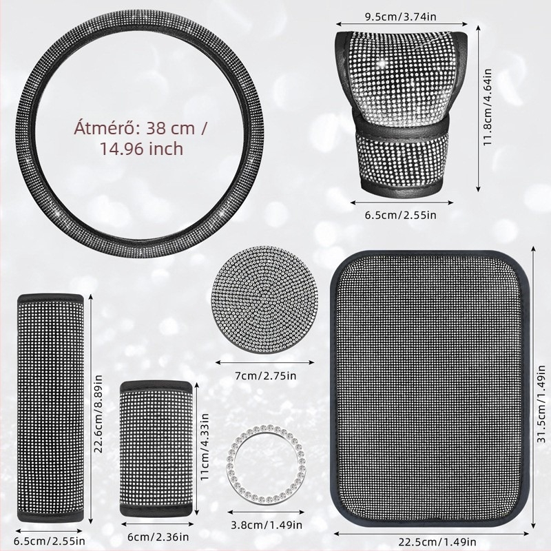 Kristályos autó belső garnitúra: váltókarvédő kristályokkal; kormányvédő kristályokkal; pohártartó kristályokkal; vállpárnák biztonsági övnek (Márka: Further 2; Modell: B000512; Anyag: PU)