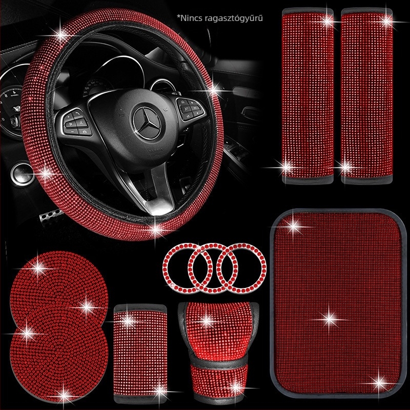 Kristályos autó belső garnitúra: váltókarvédő kristályokkal; kormányvédő kristályokkal; pohártartó kristályokkal; vállpárnák biztonsági övnek (Márka: Further 2; Modell: B000512; Anyag: PU)