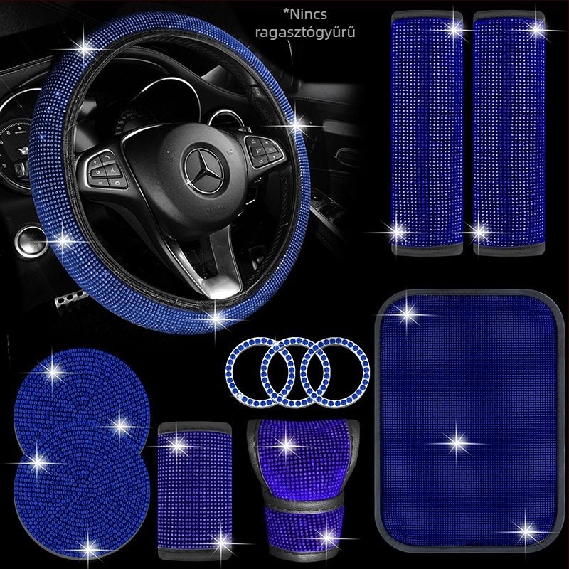 Kristályos autó belső garnitúra: váltókarvédő kristályokkal; kormányvédő kristályokkal; pohártartó kristályokkal; vállpárnák biztonsági övnek (Márka: Further 2; Modell: B000512; Anyag: PU)