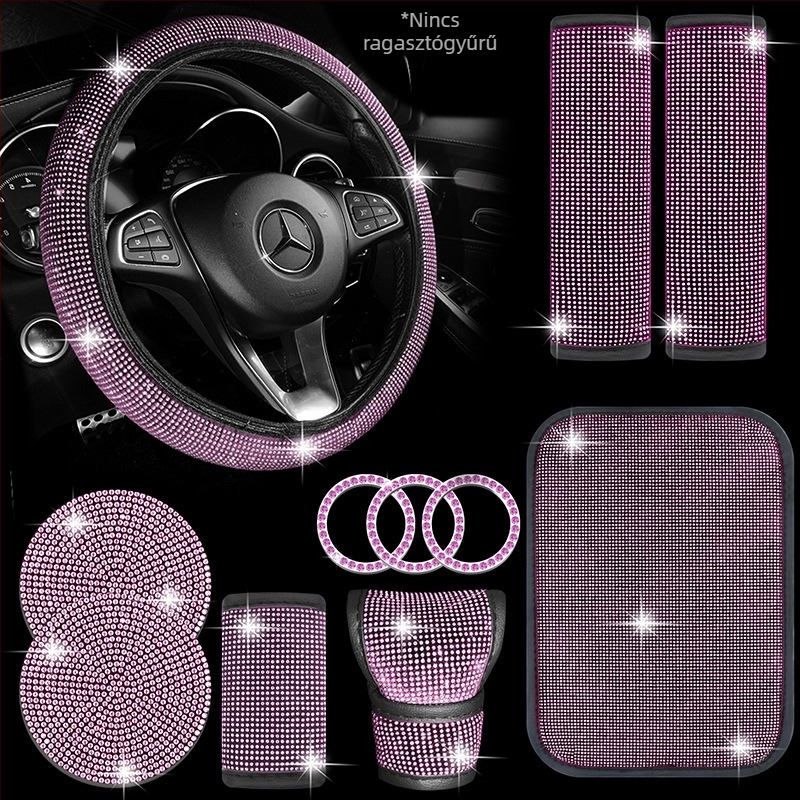 Kristályos autó belső garnitúra: váltókarvédő kristályokkal; kormányvédő kristályokkal; pohártartó kristályokkal; vállpárnák biztonsági övnek (Márka: Further 2; Modell: B000512; Anyag: PU)