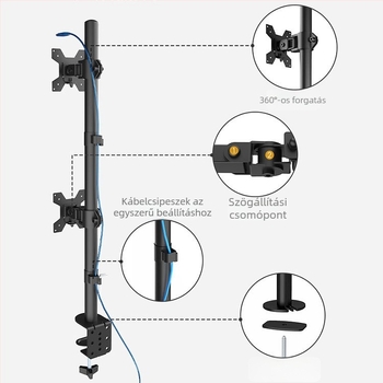 Két monitorhoz zárható asztali klipekkel rögzíthető állvány, kar nélkül, forgatható teleszkópos beállítás, mechanikus működtetés, modell M063