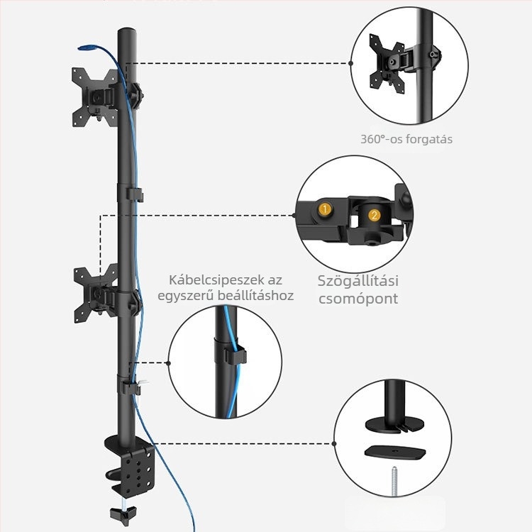 Két monitorhoz zárható asztali klipekkel rögzíthető állvány, kar nélkül, forgatható teleszkópos beállítás, mechanikus működtetés, modell M063