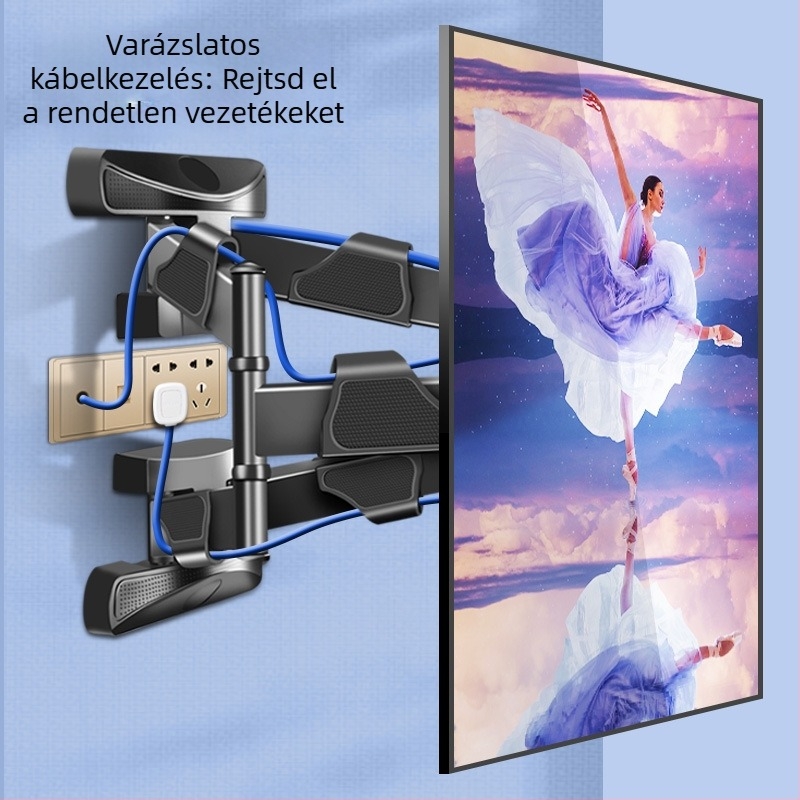 Hatkarú forgó falra szerelhető televíziótartó, 90°-os vízszintes/függőleges váltás; acél hidegen hengerelt + ABS konstrukció.