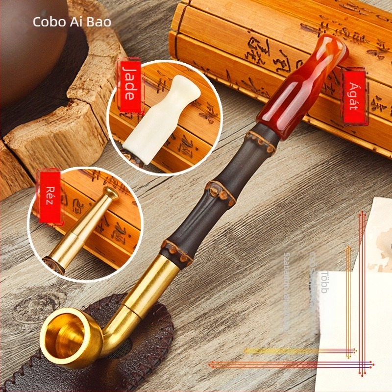 Aibo vintage kézzel készített pipa szett — fém pipa, Aibo márka, hagyományos kínai stílus