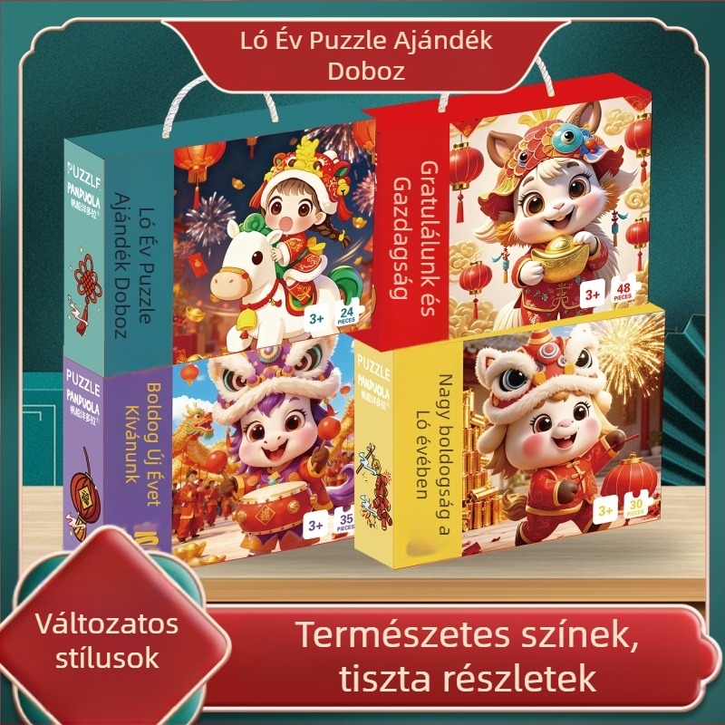 A ló éve puzzle — sík papírból készült összeszerelhető puzzle, 7–14 éveseknek, kezdő szint, 60 perc, ajándékdobozos csomagolás