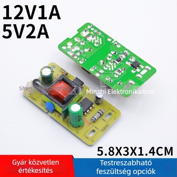 Kapcsolóüzemű tápegység PCB, Jolda, kimenetek 5V2A és 12V1A, 12W névleges teljesítmény, kimeneti feszültség pontossága 98%, egyfázisú, védelmi szint 5