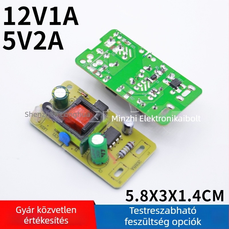 Kapcsolóüzemű tápegység PCB, Jolda, kimenetek 5V2A és 12V1A, 12W névleges teljesítmény, kimeneti feszültség pontossága 98%, egyfázisú, védelmi szint 5