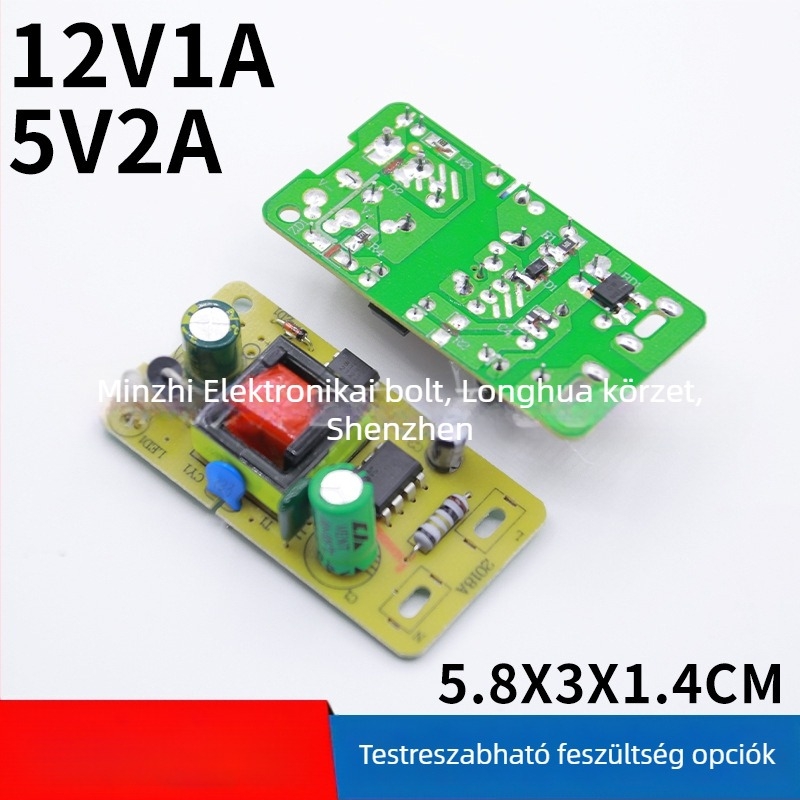 Kapcsolóüzemű tápegység PCB, Jolda, kimenetek 5V2A és 12V1A, 12W névleges teljesítmény, kimeneti feszültség pontossága 98%, egyfázisú, védelmi szint 5