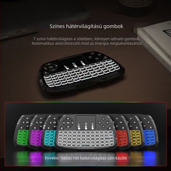 Mini vezeték nélküli billentyűzet légi egérrel, USB csatlakozás, 10 m hatótávolság, 1000 dpi, újratölthető akkumulátor, háttérvilágítás