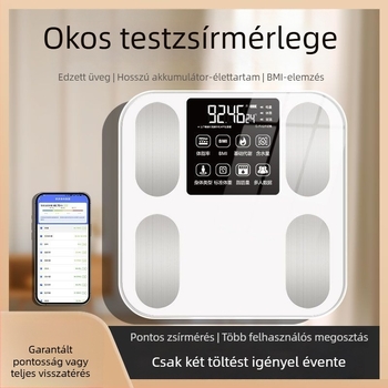 Magas pontosságú testzsír mérleg — otthoni használatra, méri a testzsírt és a hidratáltságot, edzett üvegpanel, elemmel működik