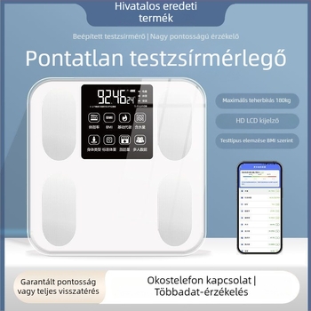 Magas pontosságú testzsír mérleg — otthoni használatra, méri a testzsírt és a hidratáltságot, edzett üvegpanel, elemmel működik