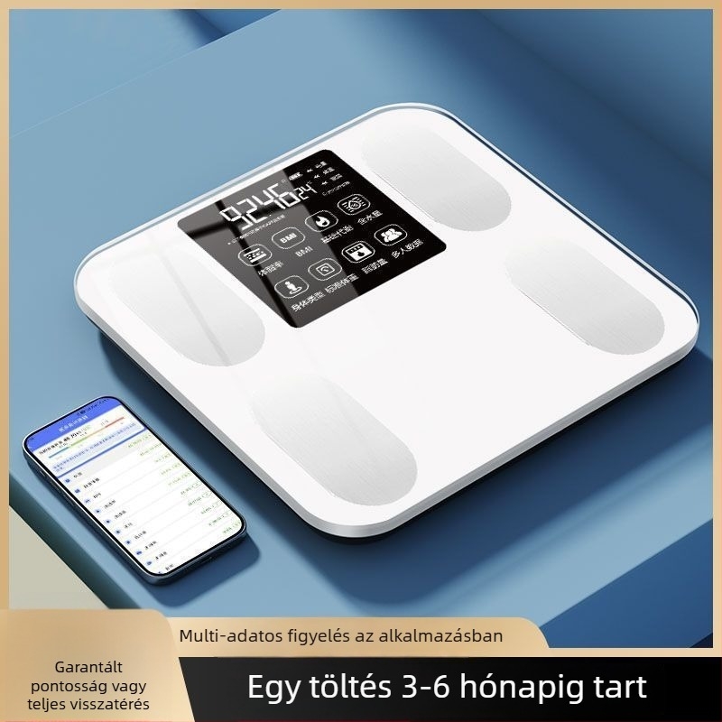 Magas pontosságú testzsír mérleg — otthoni használatra, méri a testzsírt és a hidratáltságot, edzett üvegpanel, elemmel működik