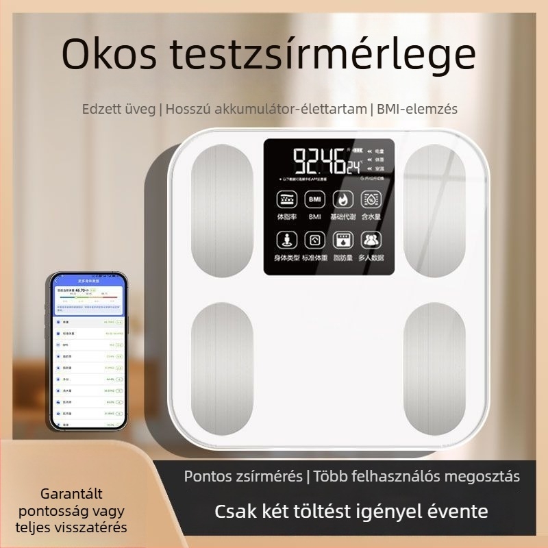 Magas pontosságú testzsír mérleg — otthoni használatra, méri a testzsírt és a hidratáltságot, edzett üvegpanel, elemmel működik