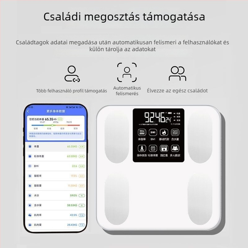 Magas pontosságú testzsír mérleg — otthoni használatra, méri a testzsírt és a hidratáltságot, edzett üvegpanel, elemmel működik