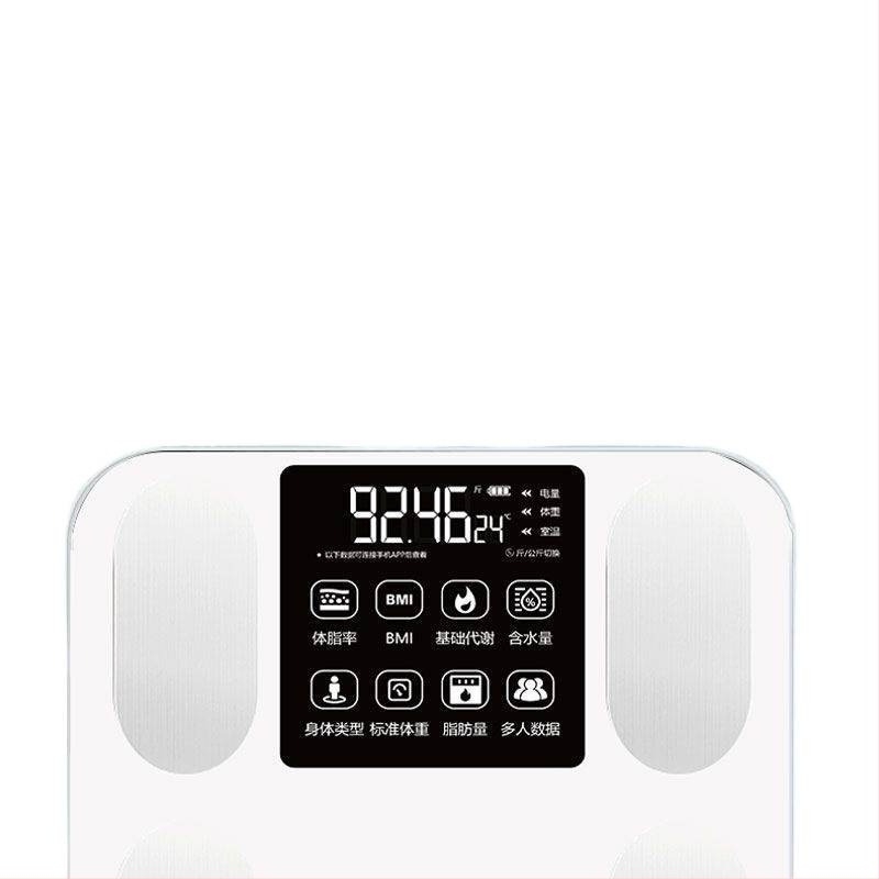 Magas pontosságú testzsír mérleg — otthoni használatra, méri a testzsírt és a hidratáltságot, edzett üvegpanel, elemmel működik