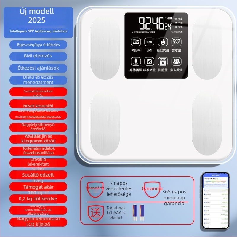 Magas pontosságú testzsír mérleg — otthoni használatra, méri a testzsírt és a hidratáltságot, edzett üvegpanel, elemmel működik