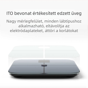 Intelligens testzsír mérő ITO fejlett vezető filmdel; méri a testzsírt és a testben lévő vizet, G-típusú érzékelő, Bluetooth 10 m-ig, mérési tartomány 0,2–150 kg, LED kijelző, Android és iOS kompatibilis