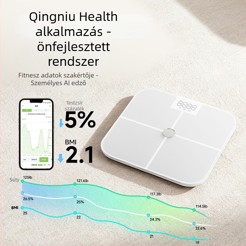 Intelligens testzsír mérő ITO fejlett vezető filmdel; méri a testzsírt és a testben lévő vizet, G-típusú érzékelő, Bluetooth 10 m-ig, mérési tartomány 0,2–150 kg, LED kijelző, Android és iOS kompatibilis